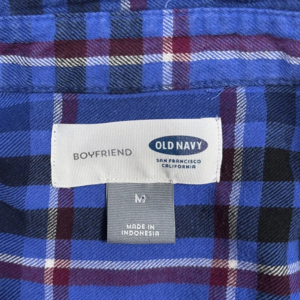 Old Navy Flannel Popover Shirt Womens M Blue Plaid Boyfriend Long Sleeve‎ 755008